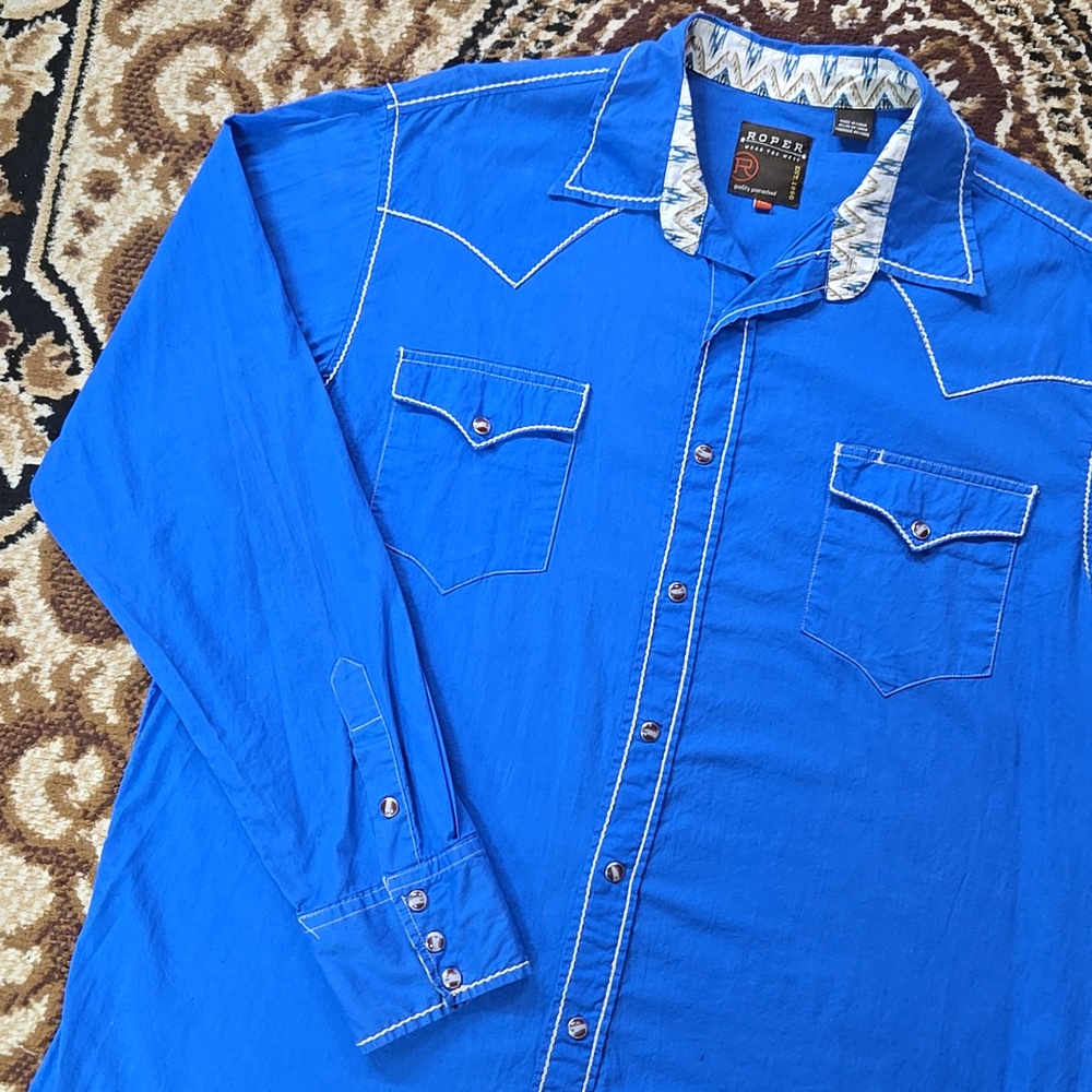 Blue Western Button Up Snap Shirt Contrast Stitching Y2K Cowboy Western Retro